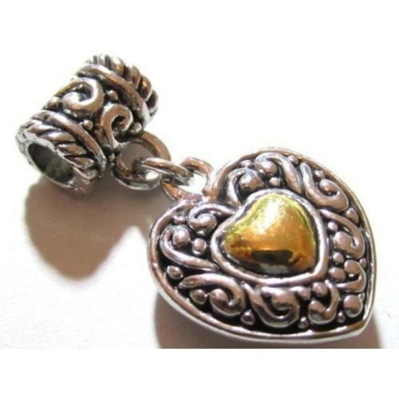 Vintage White & Yellow Gold Plated Silver Tone HEART Necklace Slide Pendant Drop - Picture 2 of 3